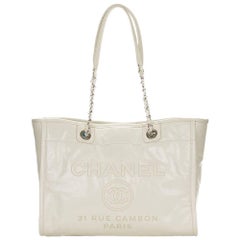 2016 Chanel White Glazed Leather & Caviar Leather Small Deauville Tote