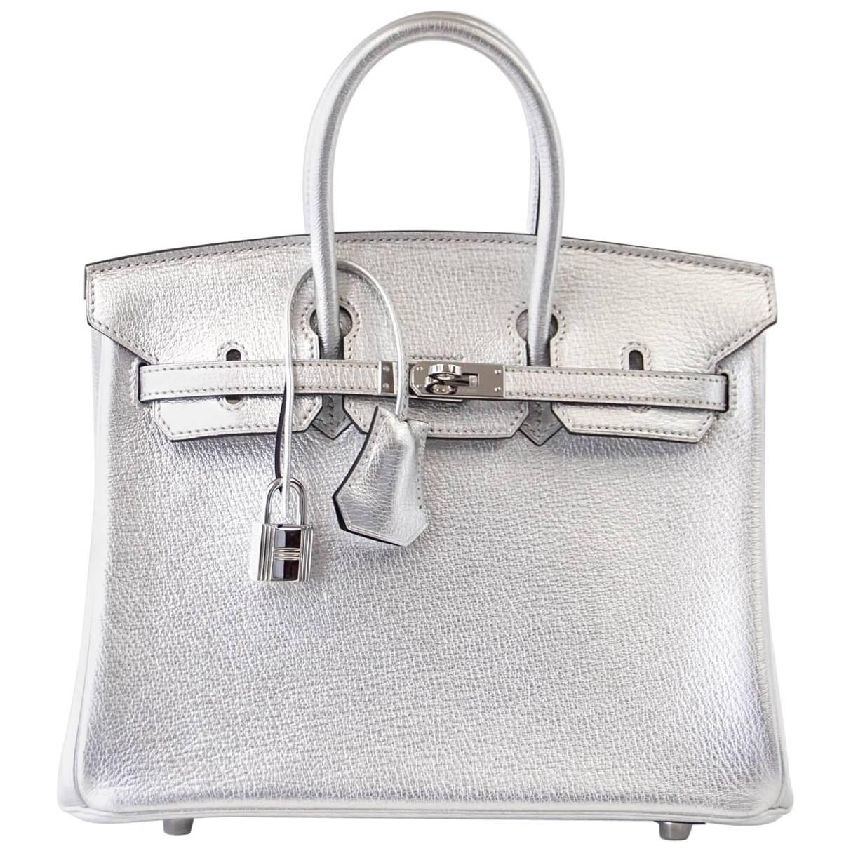 Sold at Auction: Hermes Birkin 25 Bag, Metallic Silver Chevre Leather,  Brushed Palladium Hardware