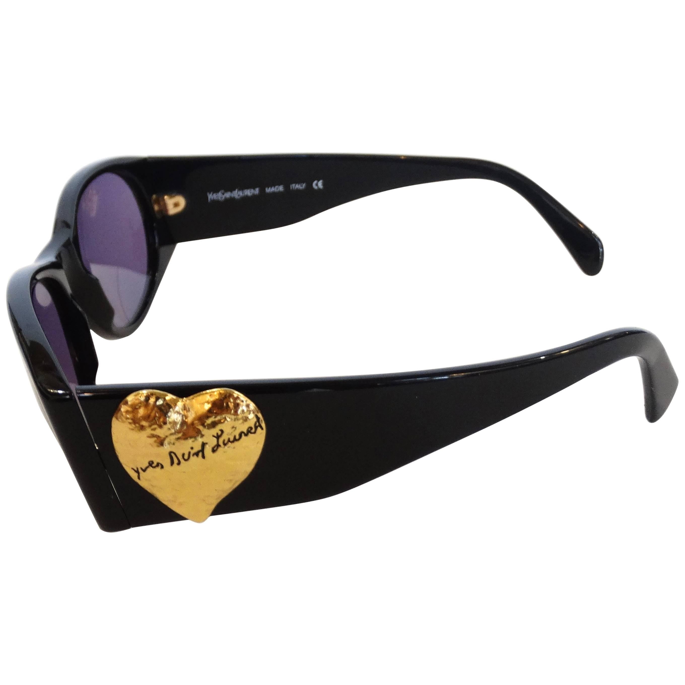 1980s Yves Saint Laurent Black & Gold Heart Sunglasses 