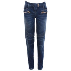 Balmain Low Rise Dark Blue Stretch Biker Moto Jeans w/Gold Hardware