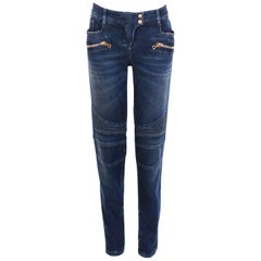 Balmain Low Rise Dark Blue Stretch Biker Moto Jeans w/Gold Hardware 9