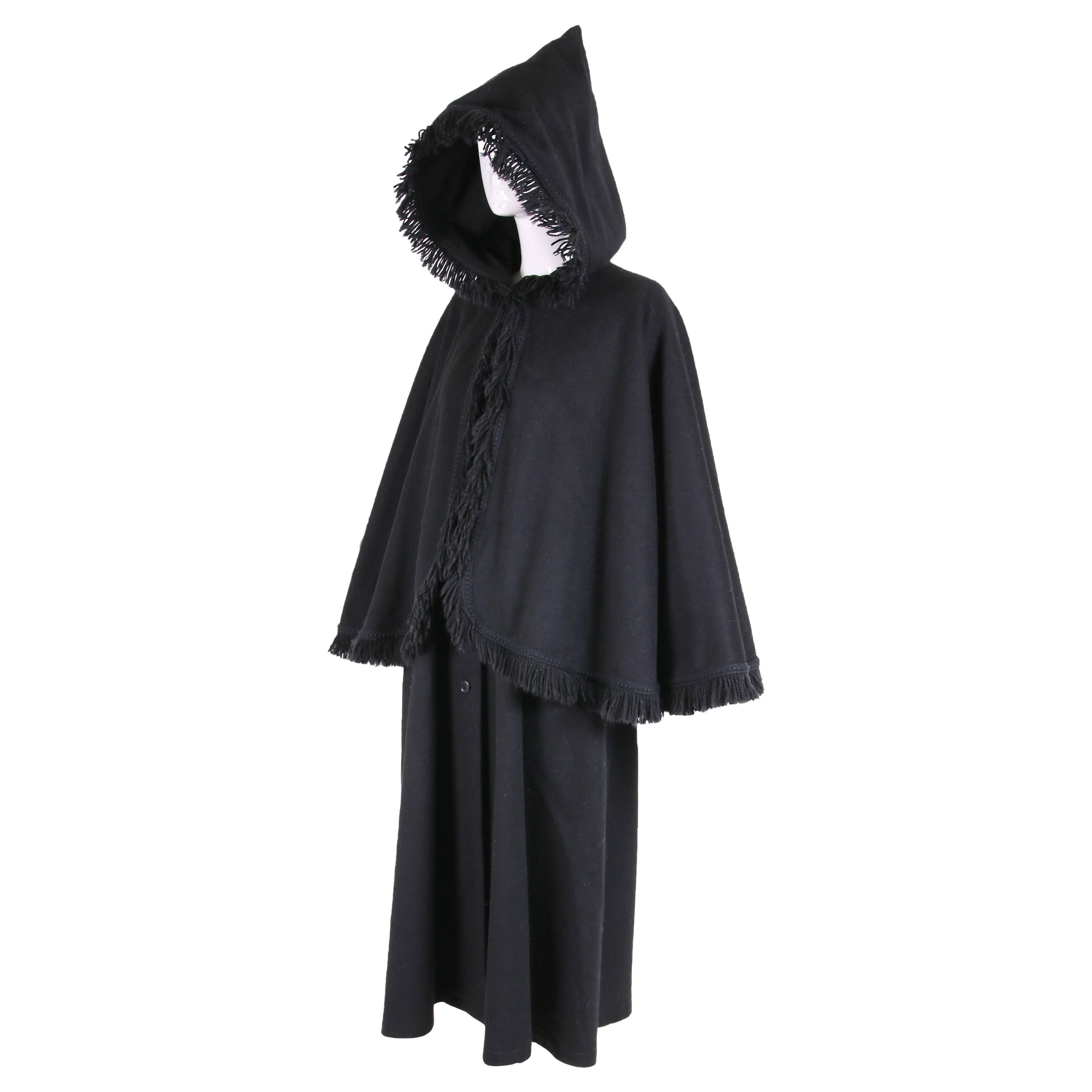 1970's Yves Saint Laurent YSL Black Wool Hooded Cape Coat w/Fringe Trim For Sale