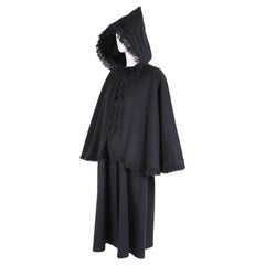 Vintage 1970's Yves Saint Laurent YSL Black Wool Hooded Cape Coat w/Fringe Trim