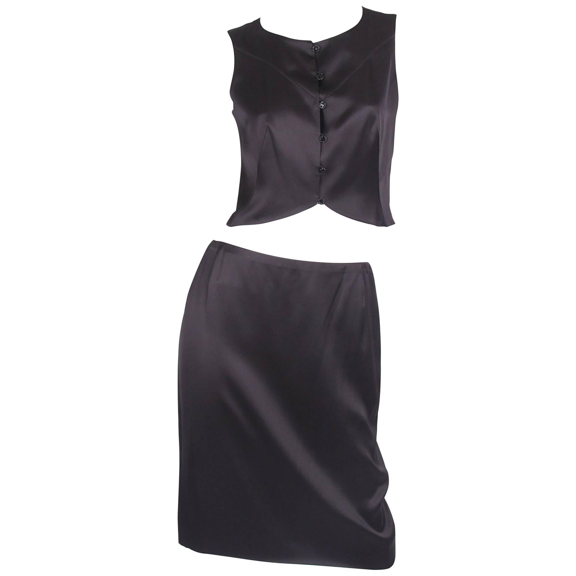 Chanel 2-pcs Silk Suit Top & Skirt - black For Sale