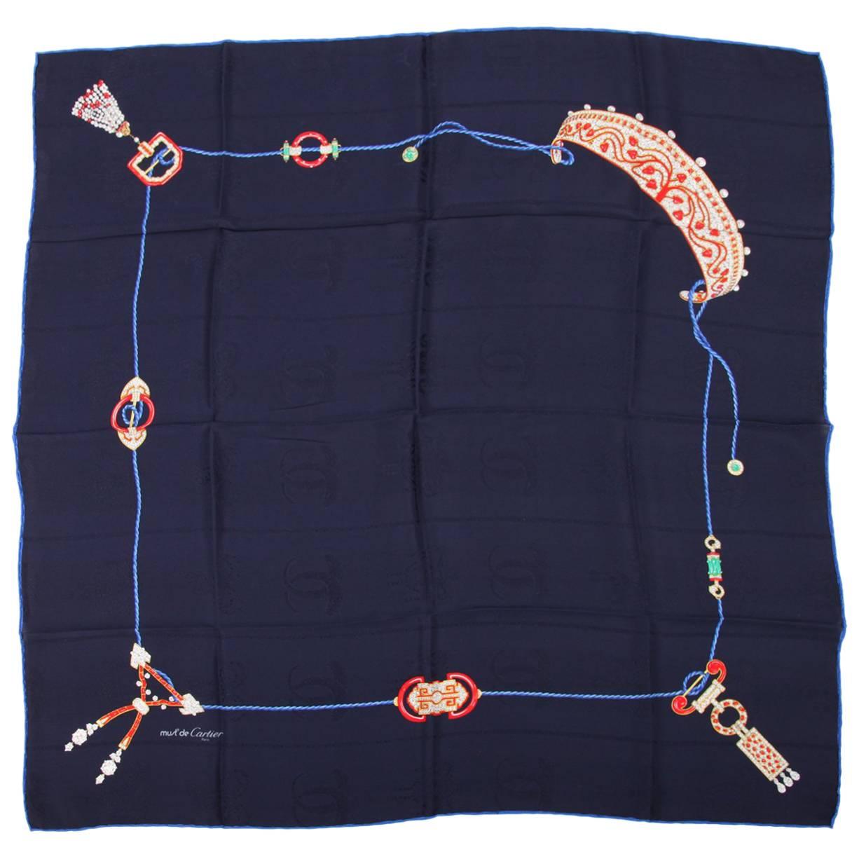 Cartier Silk Scarf - dark blue For Sale