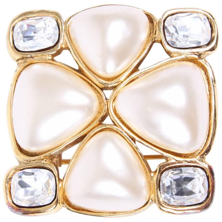 Chanel Pearl and Crystal Brooch - gold 1991 For Sale