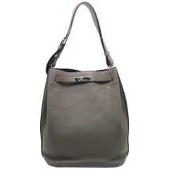 Hermes So Kelly Etain Taurillon Clemence Leather Silver Metal Shoulder Bag