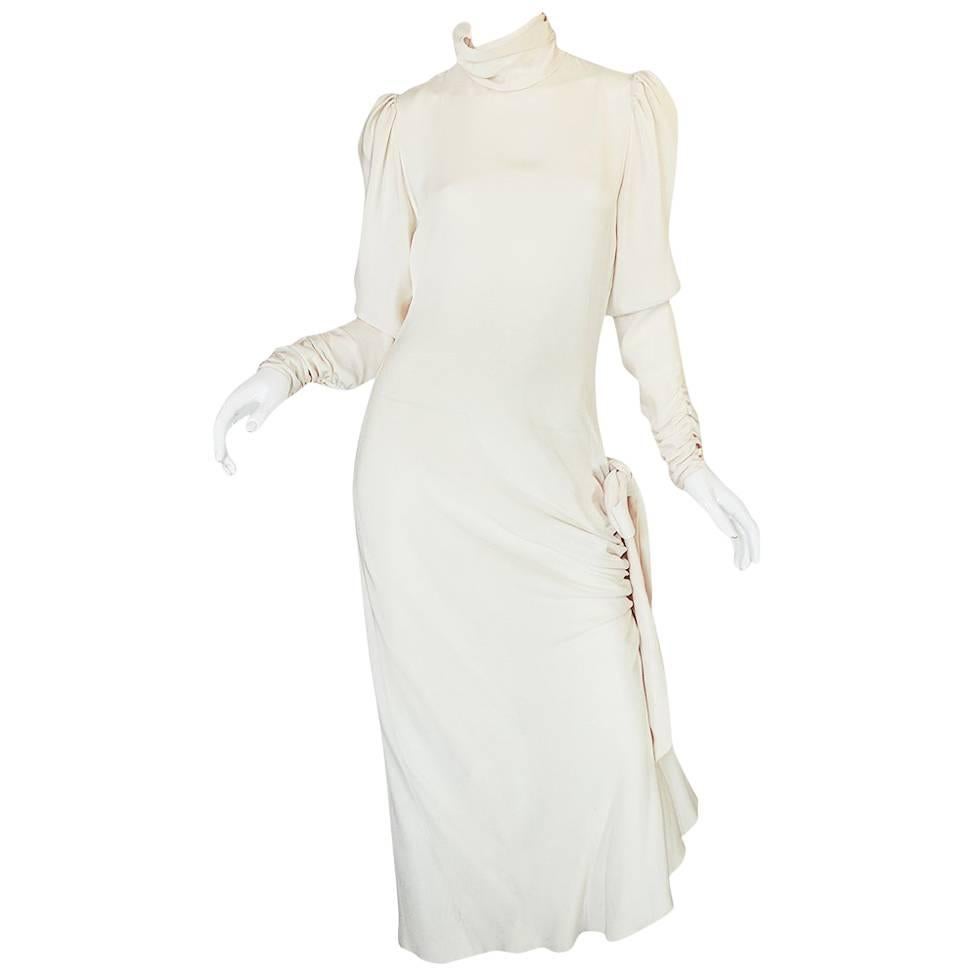 1980s Ivory Silk Dress with Couture Level Finishes