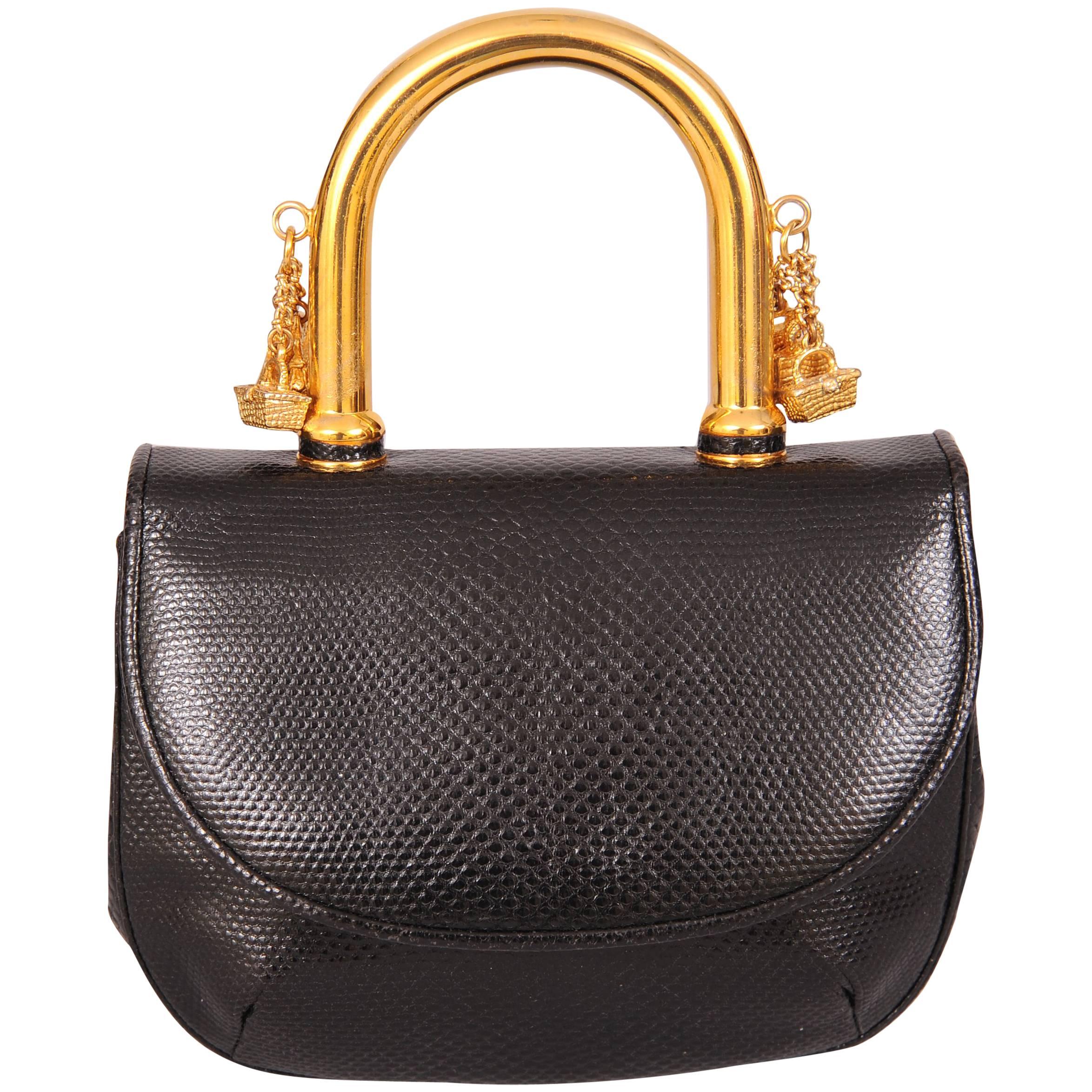 Judith Leiber Charming Black Karung Bag with Gold Charm Handle