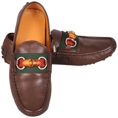 Used Gucci Brown Leather & Bamboo Driving Shoes Never Worn 38 1/2