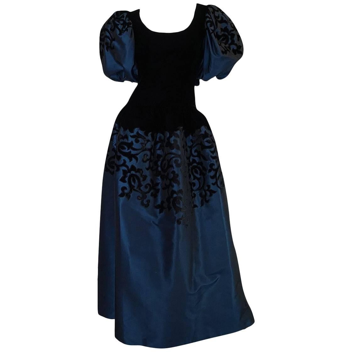 1980s Oscar de la Renta Deep Blue Silk & Velvet Applique Dress