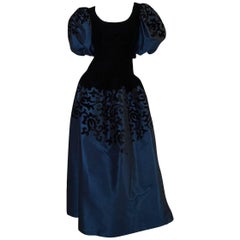1980s Oscar de la Renta Deep Blue Silk & Velvet Applique Dress