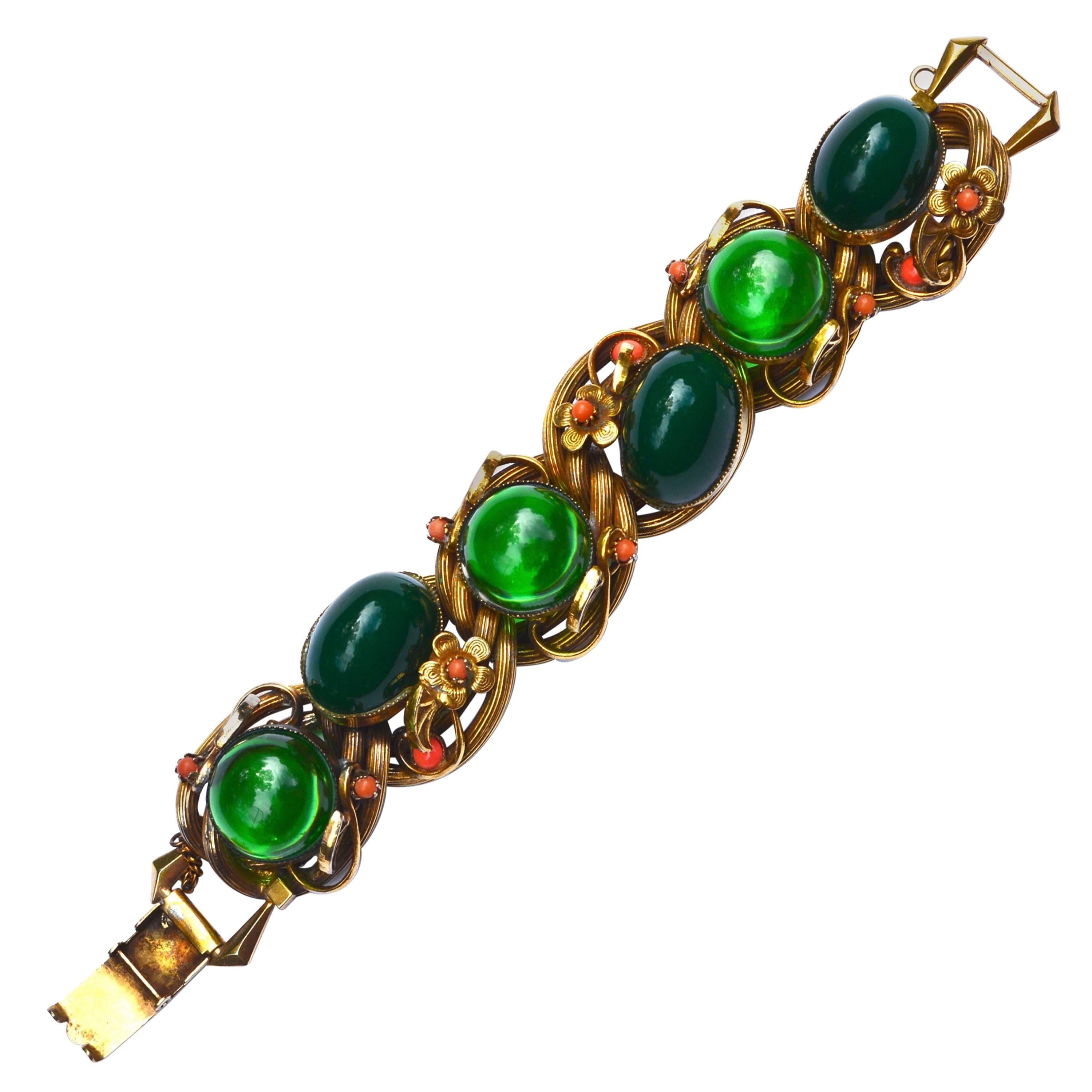 Oversized 1950s Green Glass Nouveau Revival Bracelet / Selro For Sale