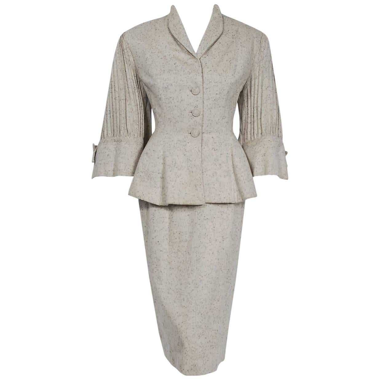1952 Lilli-Ann Ivory Flecked Wool Rhinestone Pleated Bell-Sleeve Cocktail Suit