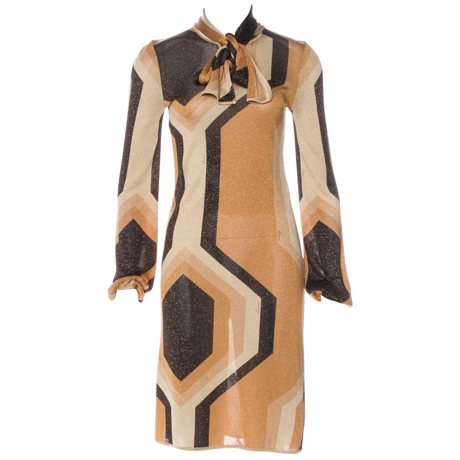 Gucci by Tom Ford Fall 2000 Gold Geometric Print Dress with Pussy Bow For Sale