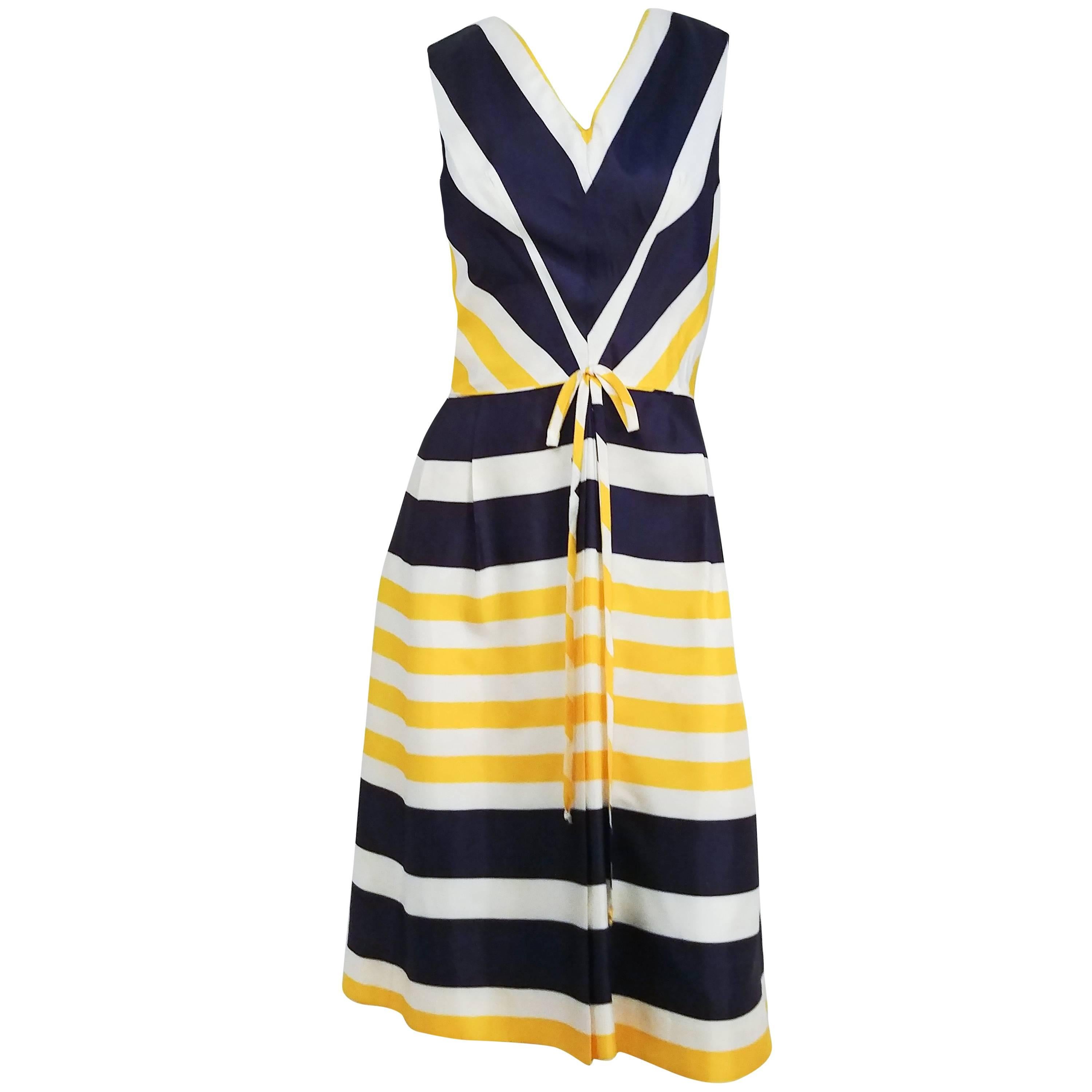 1960s Blue & Yellow Striped Pleated Dress