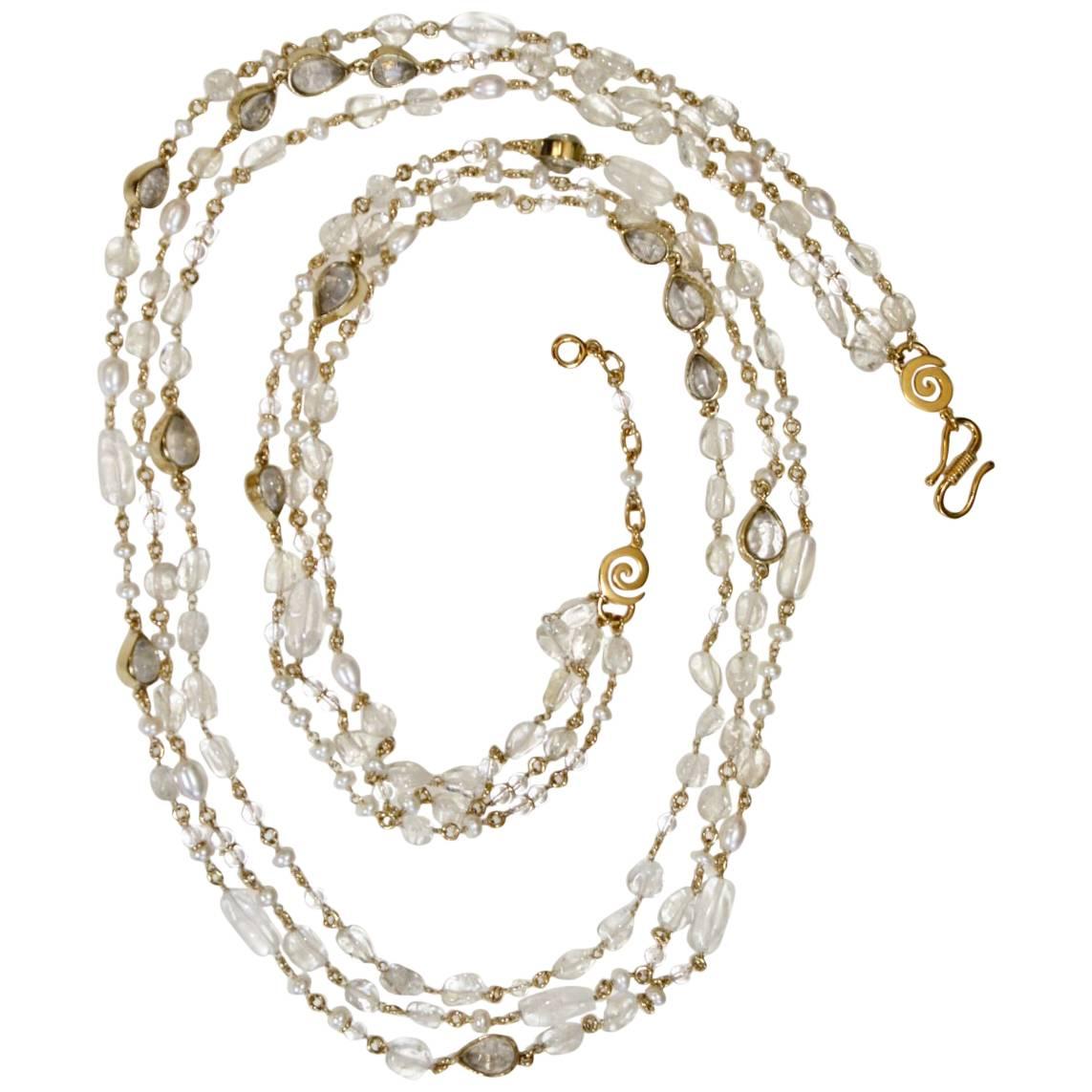 Goossens Paris Nepal Triple Long Necklace in Rock Crystal and Pearl