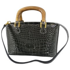 Lana Marks Dark Grey Crocodile Bag with Wood Handles 5