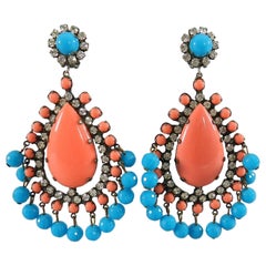 KJL Kenneth Jay Lane Vintage 1960's Huge Turquoise Coral Drop Statement Earrings 2