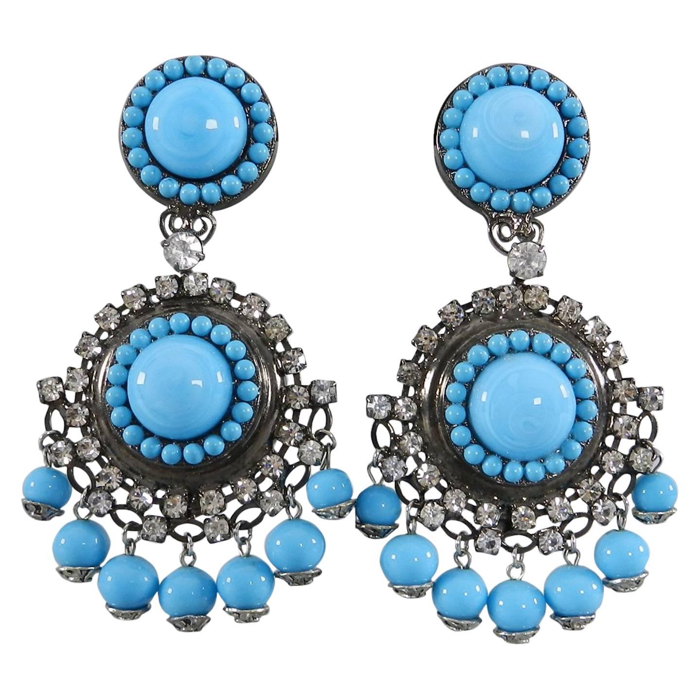 Lawrence Vrba Turquoise Glass and Rhinestone Drop Earrings