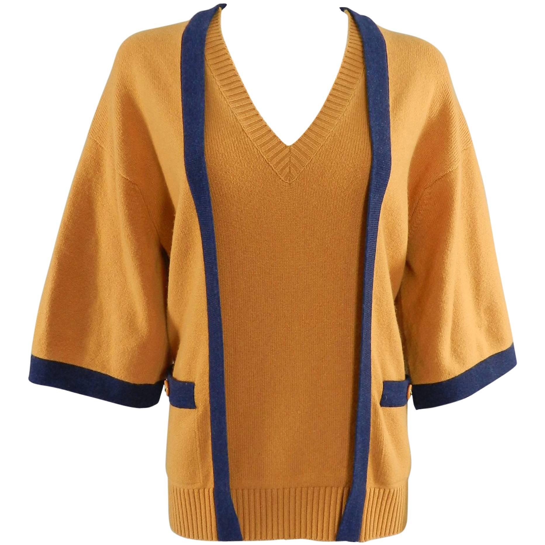 Chanel mustard and navy V-neck Cashmere sweater