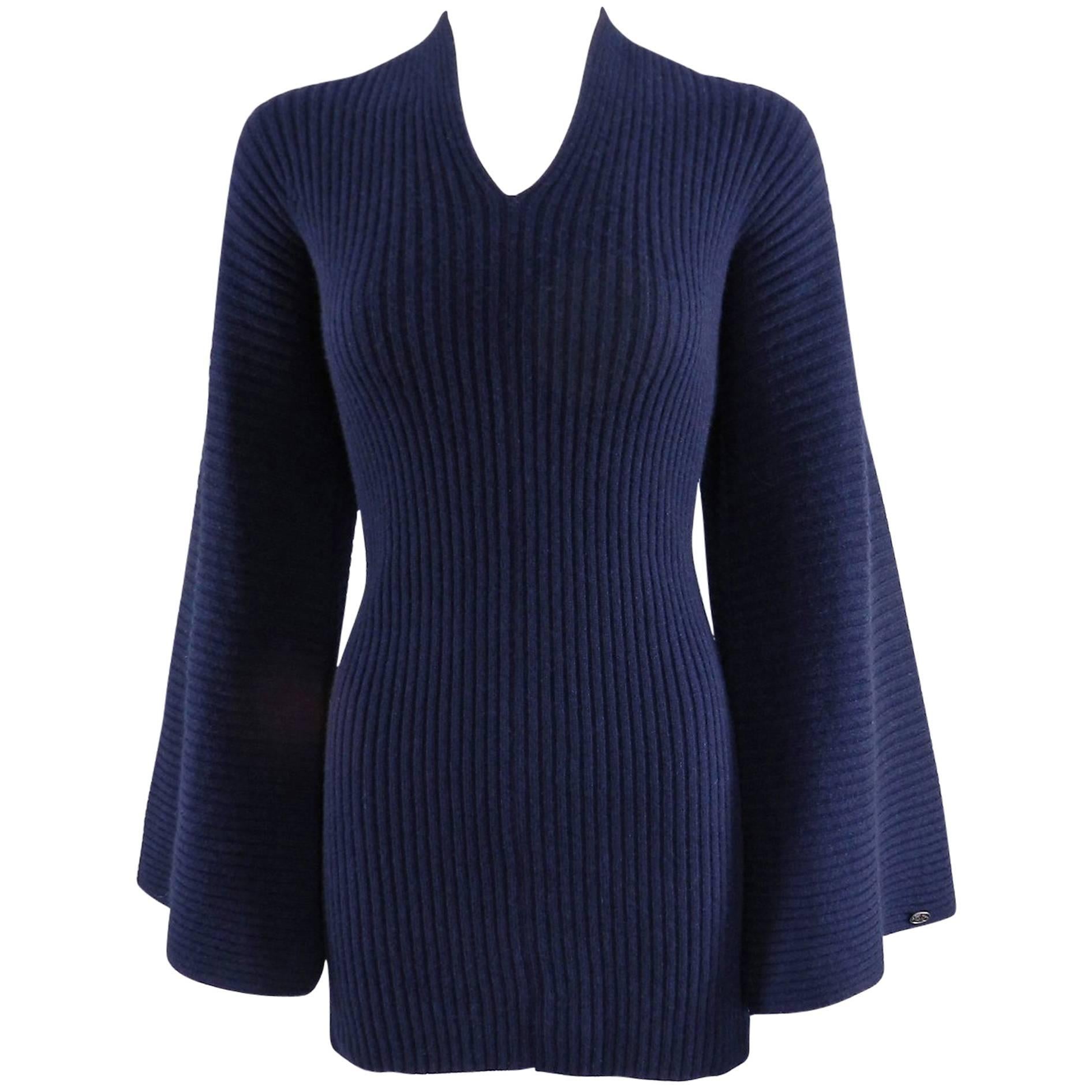 Chanel navy ribbed cashmere sweater with bell sleeves and knot back