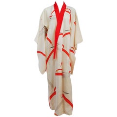 Printed White Crane Kimono w/ Red Jacquard Collar Printed White Crane Kimono w/ Red Jacquard Collar