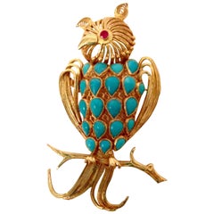 20th Century 14-Karat Gold Turquoise & Ruby Owl Brooch