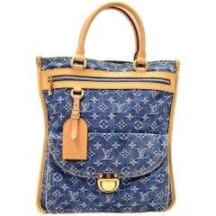 Louis Vuitton Flat Shopper Blue Monogram Denim Tote Hand Bag - 2006 Limited 
