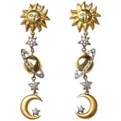 Solar System, Sun, Moon and Saturn Earrings / 18K Diamond 