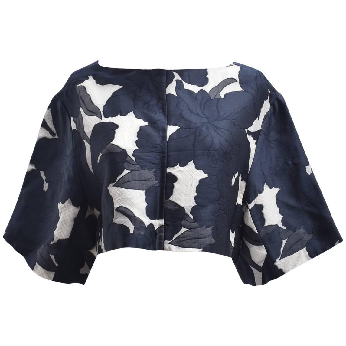 Chloe Cropped Dark Blue and White Jacquard Floral Print Top 