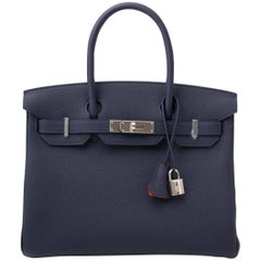 Hermes Birkin 30 Verso Togo Bleu Nuit Orange Poppy PHW 11