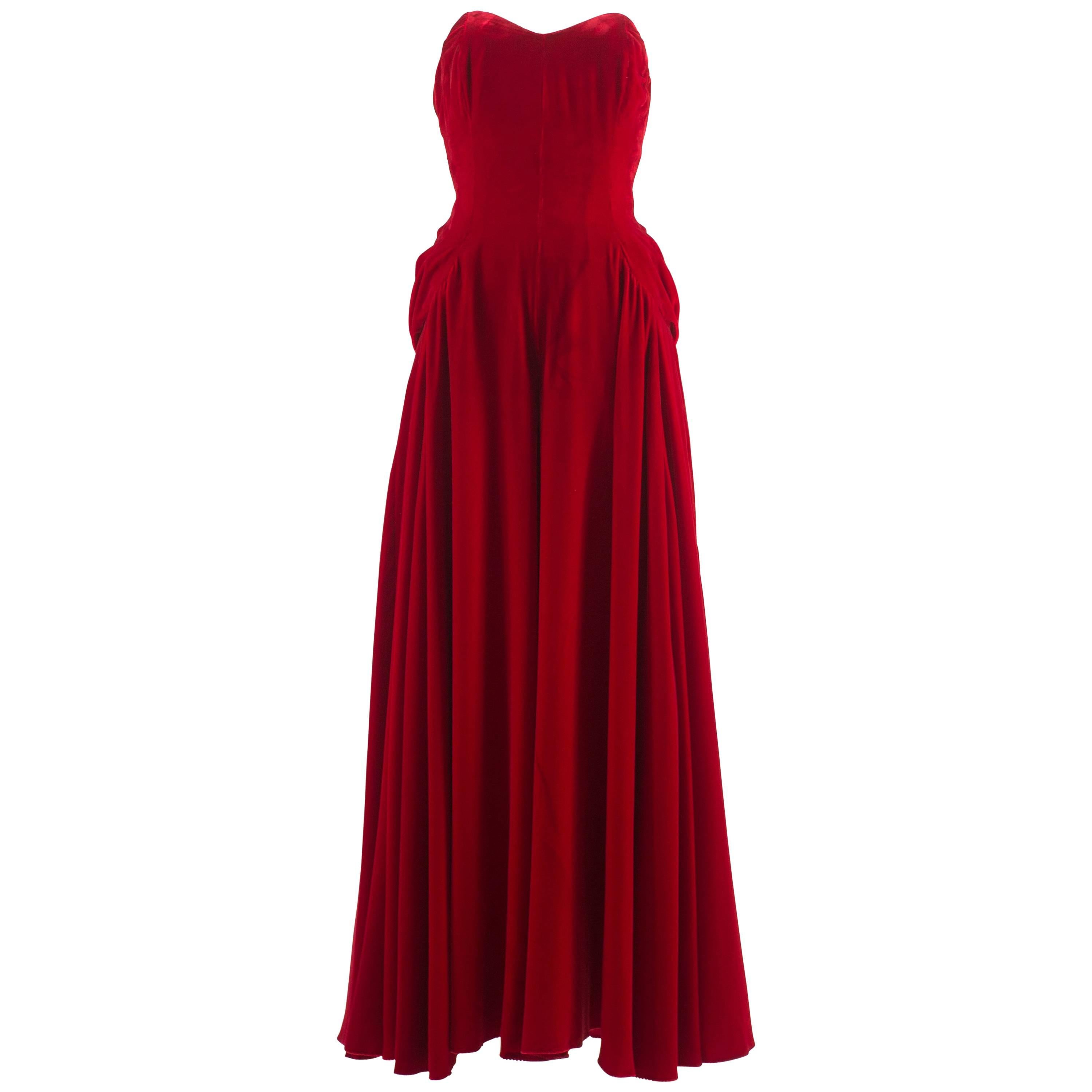 Jean Doucet Autumn-Winter 1996 couture red velvet palazzo strapless jumpsuit