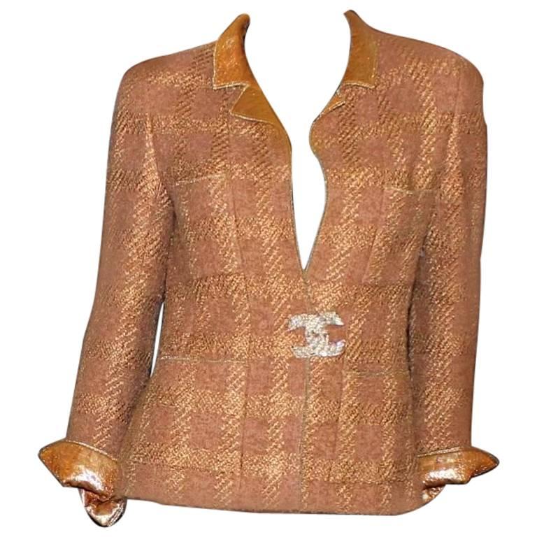 Stunning Chanel Tweed and Metallic Gold Lamé Jeweled Button Jacket ...