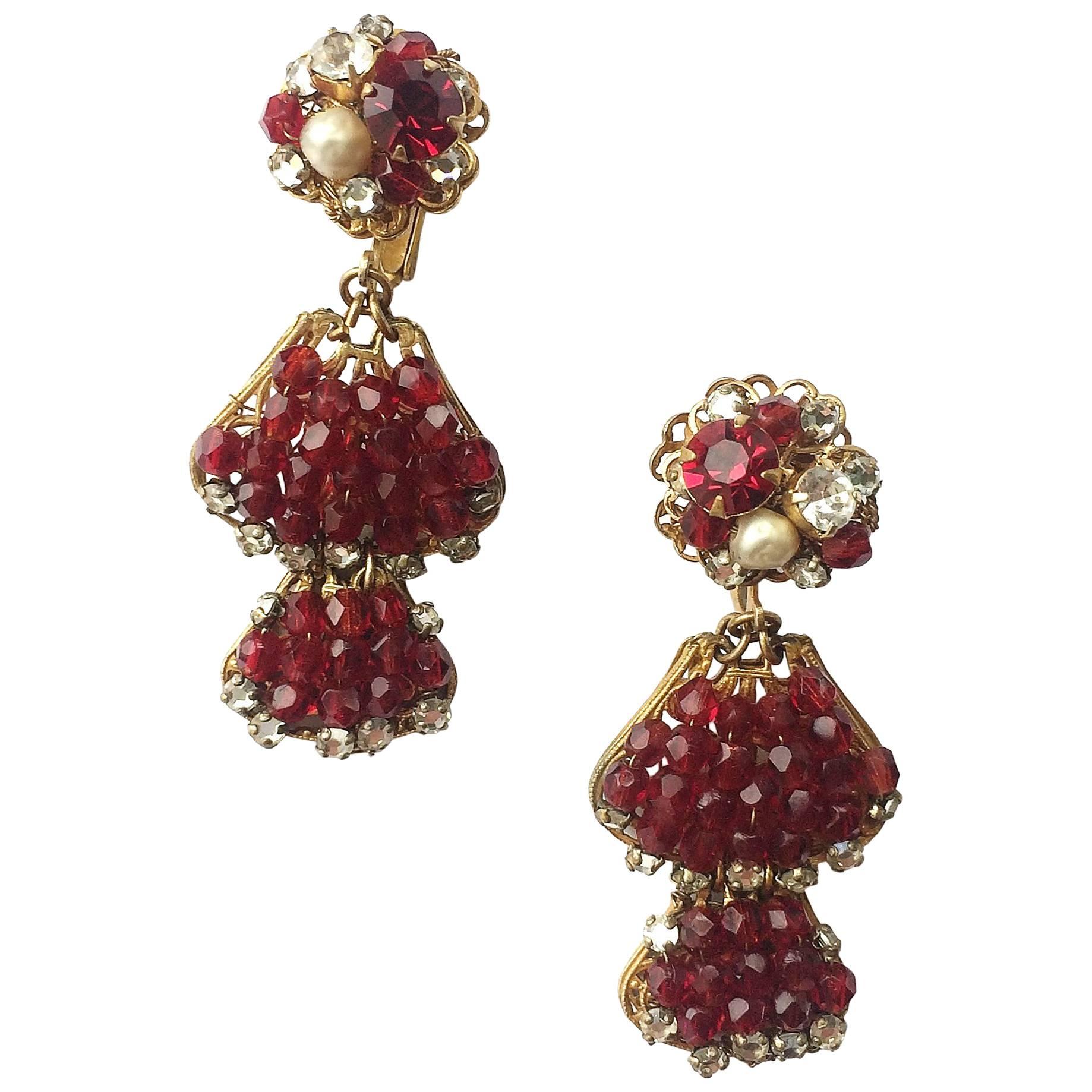 Ruby bead, rose montes and pearl drop earrings, De Mario, 1950s
