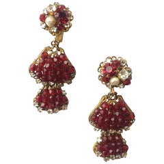 Vintage Ruby bead, rose montes and pearl drop earrings, De Mario, 1950s