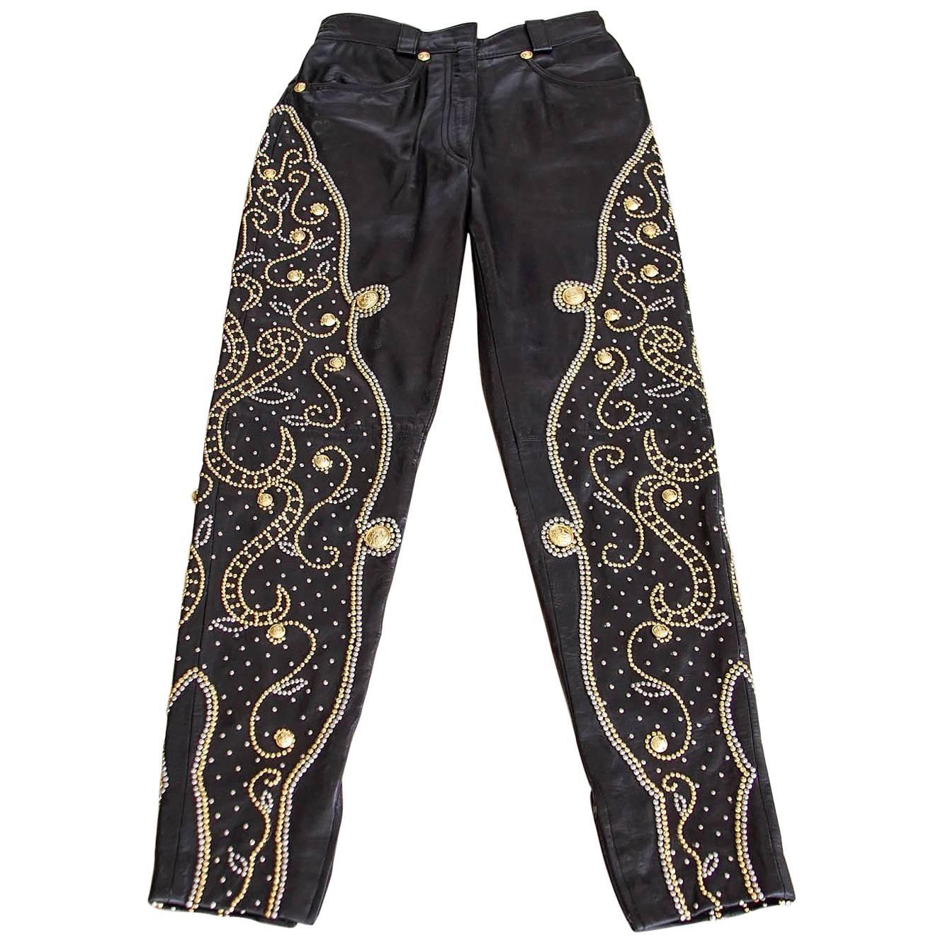 Gianni Versace Pant Iconic Vintage Leather Studded Black