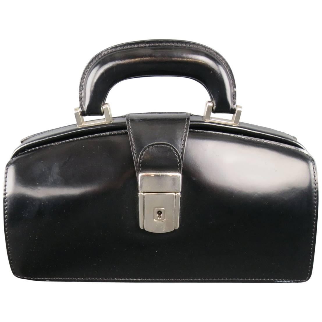 Vintage PRATESI Black Leather Silver Buckle Mini Doctor Handbag