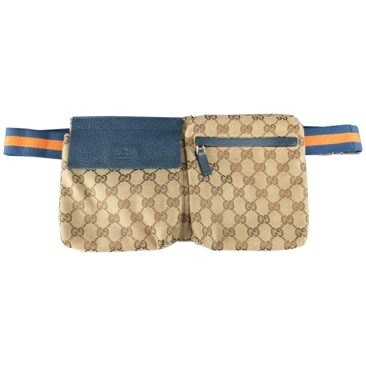 GUCCI Beige Guccissima Monogram Canvas Orange & Navy Strap Fanny Pack Handbag