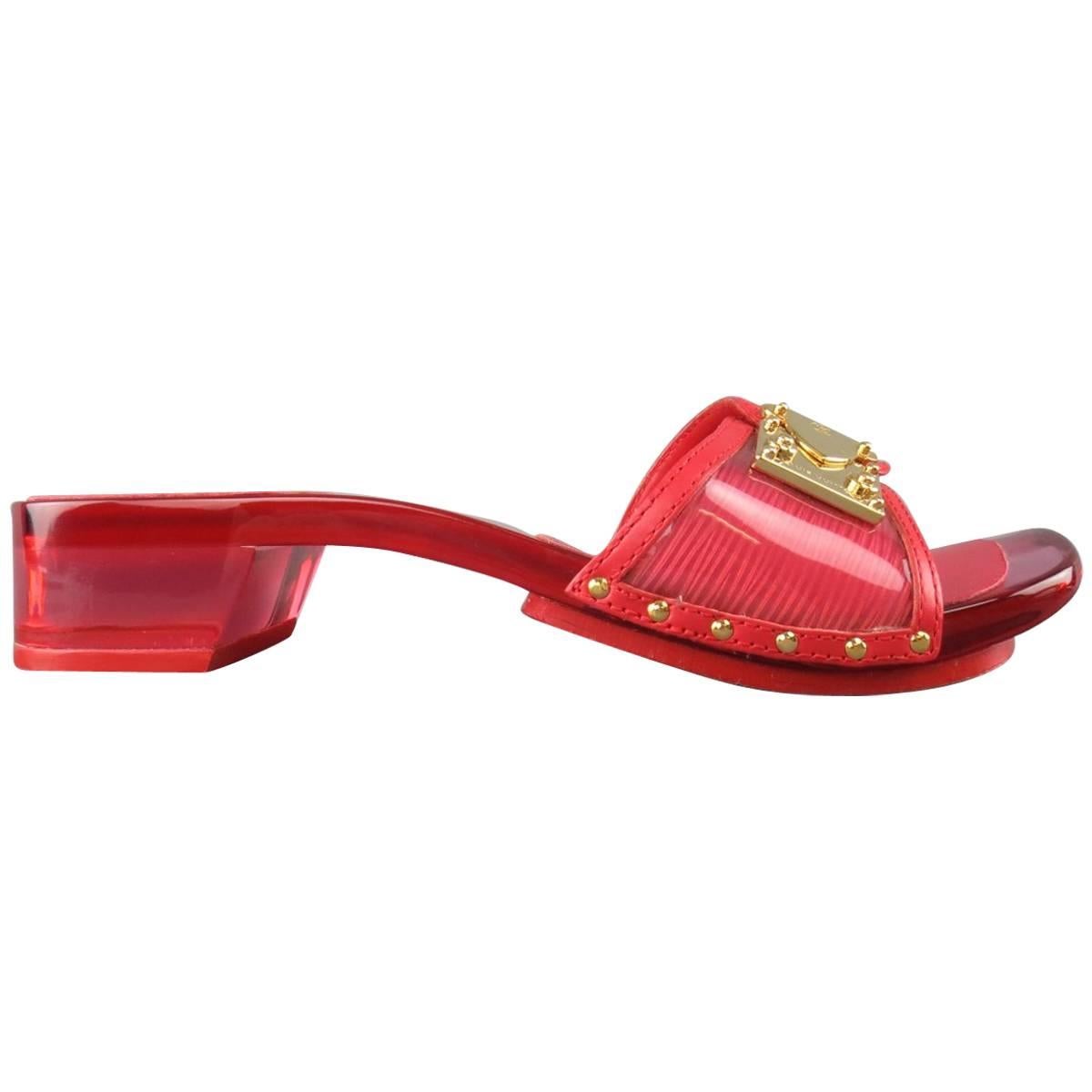 LOUIS VUITTON Size 7.5 Red Patent Epi Leather Clear Heeled Gold Buckle Sandals