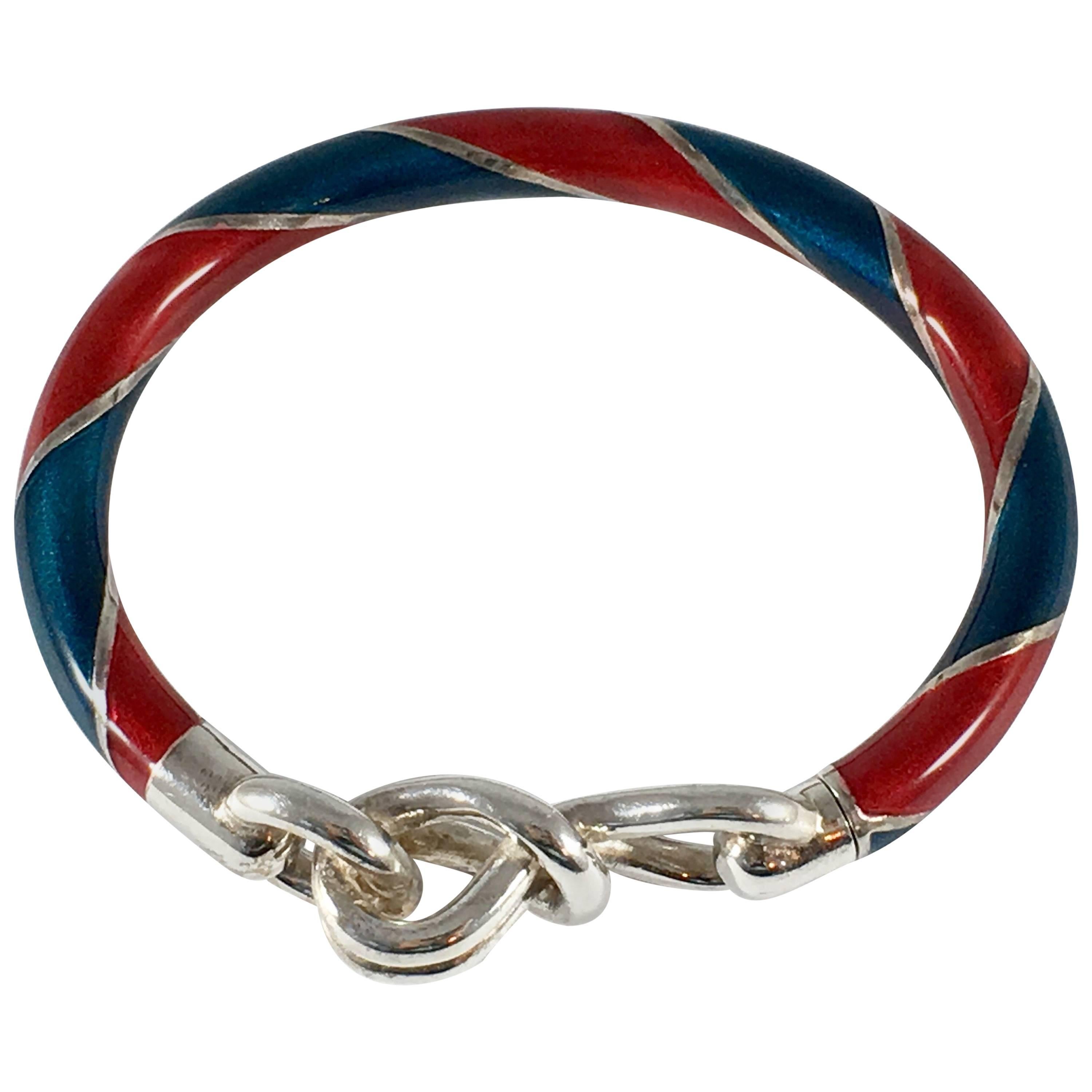 Vintage Gucci Sterling Silver Bracelet with Enamel Stripes of Red and Blue 1980s For Sale