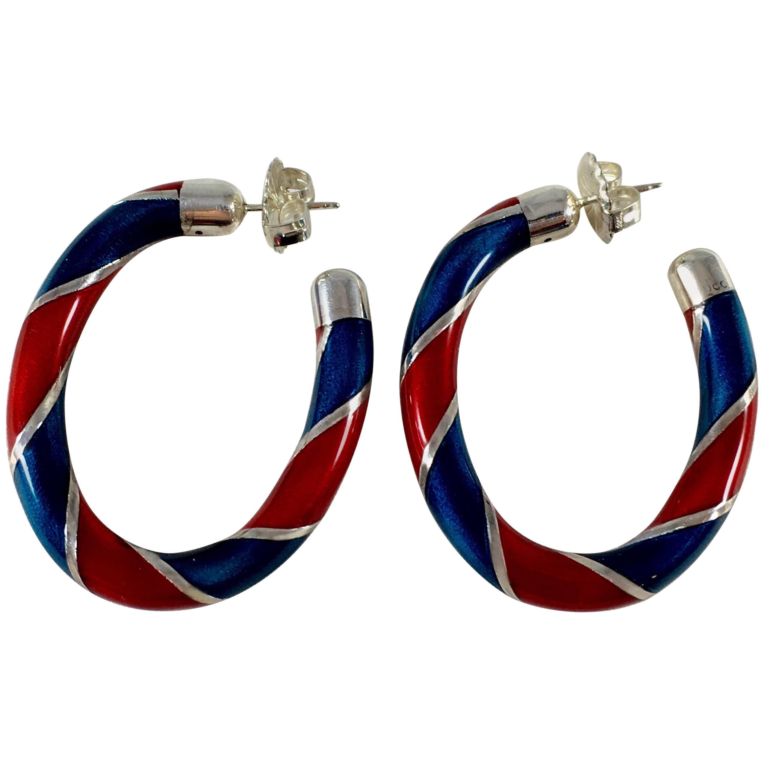 1980s Gucci Red and Blue Enameled Sterling Hoop Earrings For Sale