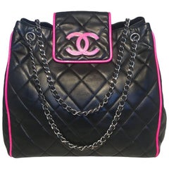 Chanel Black Leather Hot Pink Trim Shopper Tote