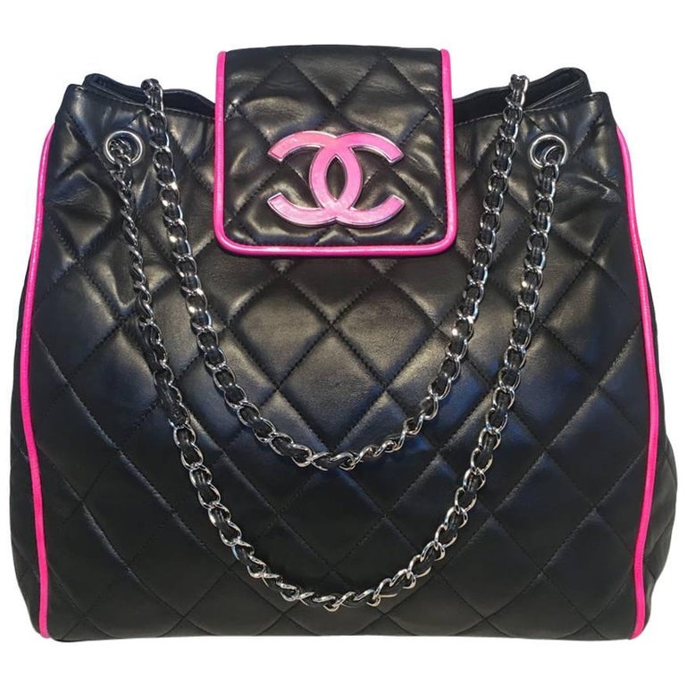 Chanel Black Leather Hot Pink Trim Shopper Tote