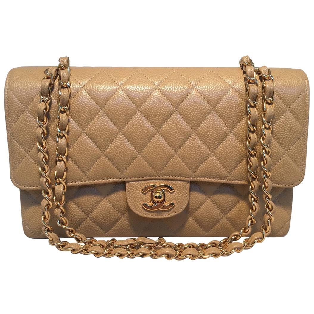 Chanel Tan Caviar 10" 2.55 Double Flap Classic For Sale at 1stDibs | tan chanel  classic flap, tan chanel flap bag, chanel classic 10