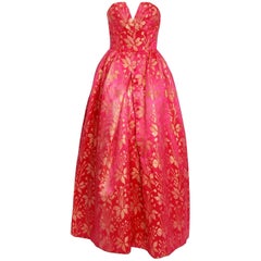 Used 1959 Sarmi Couture Metallic Fuchsia Floral Motif Brocade Strapless Evening Gown