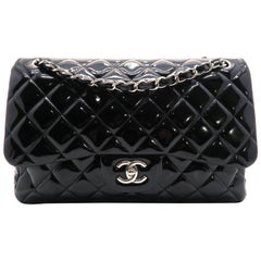 Chanel Black Quilted Patent Leather Jumbo Classic Double Flap Chain Shoulder Bag
