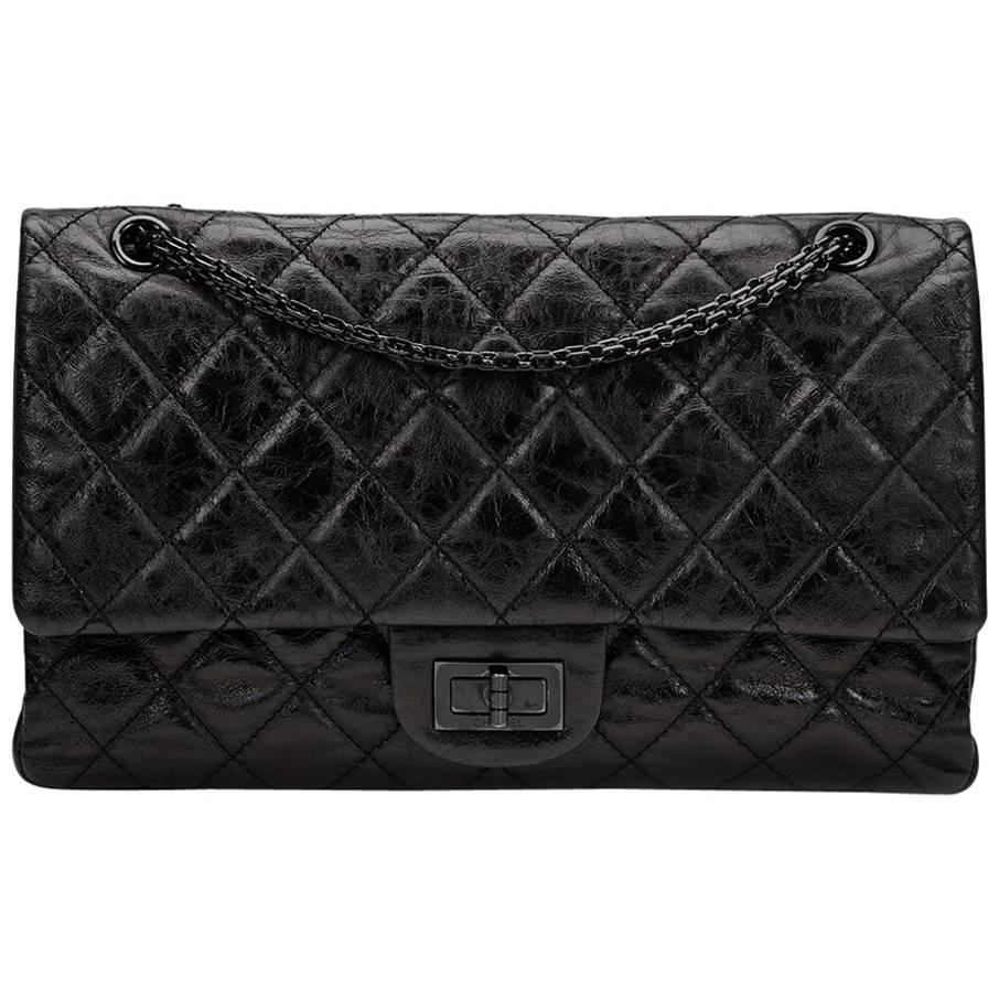 2000s Chanel Black Glazed Calfskin SO Black 2.55 Reissue 227 Double Flap Bag