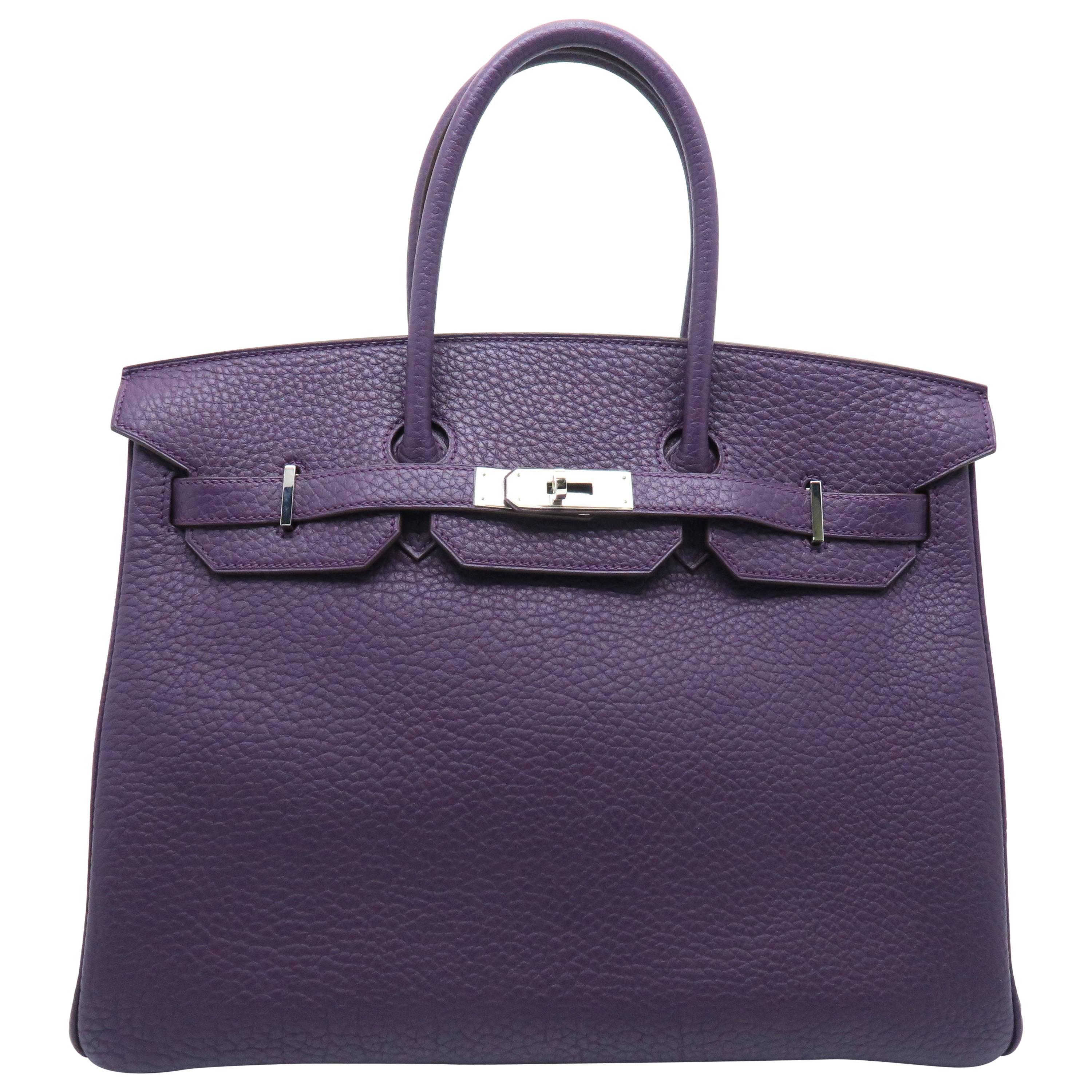 Hermes Birkin 35 Purple / Cassis Fjord Leather SHW Handbag For Sale