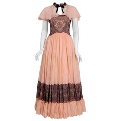 1940's French Couture Pink Silk-Chiffon & Black Lace Scalloped Gown & Capelet 4